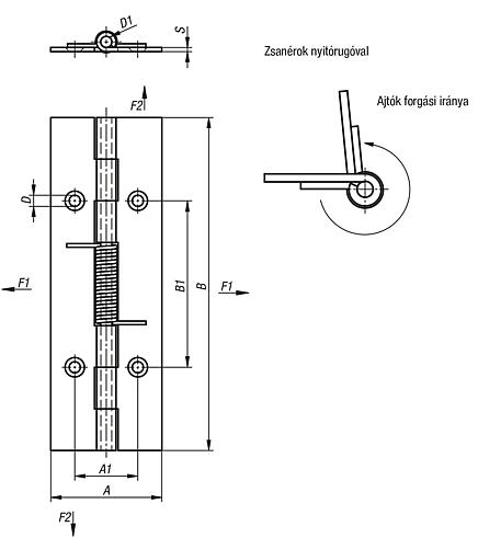 Rugós zsanérok, acél, nemesacél vagy alumínium, 120 mm, nyitó rugó