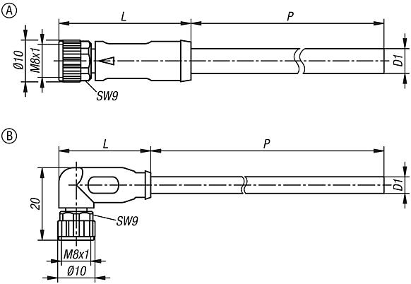 Elektromos csatlakozók, M8x1
persely menetes reteszeléssel, árnyékolatlan