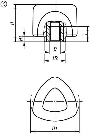Háromágú csillagfogantyú, ergonomikus, 2K, belső menettel